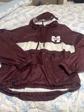 Unbranded Men's Maroon Windbreaker with White Chest Stripe